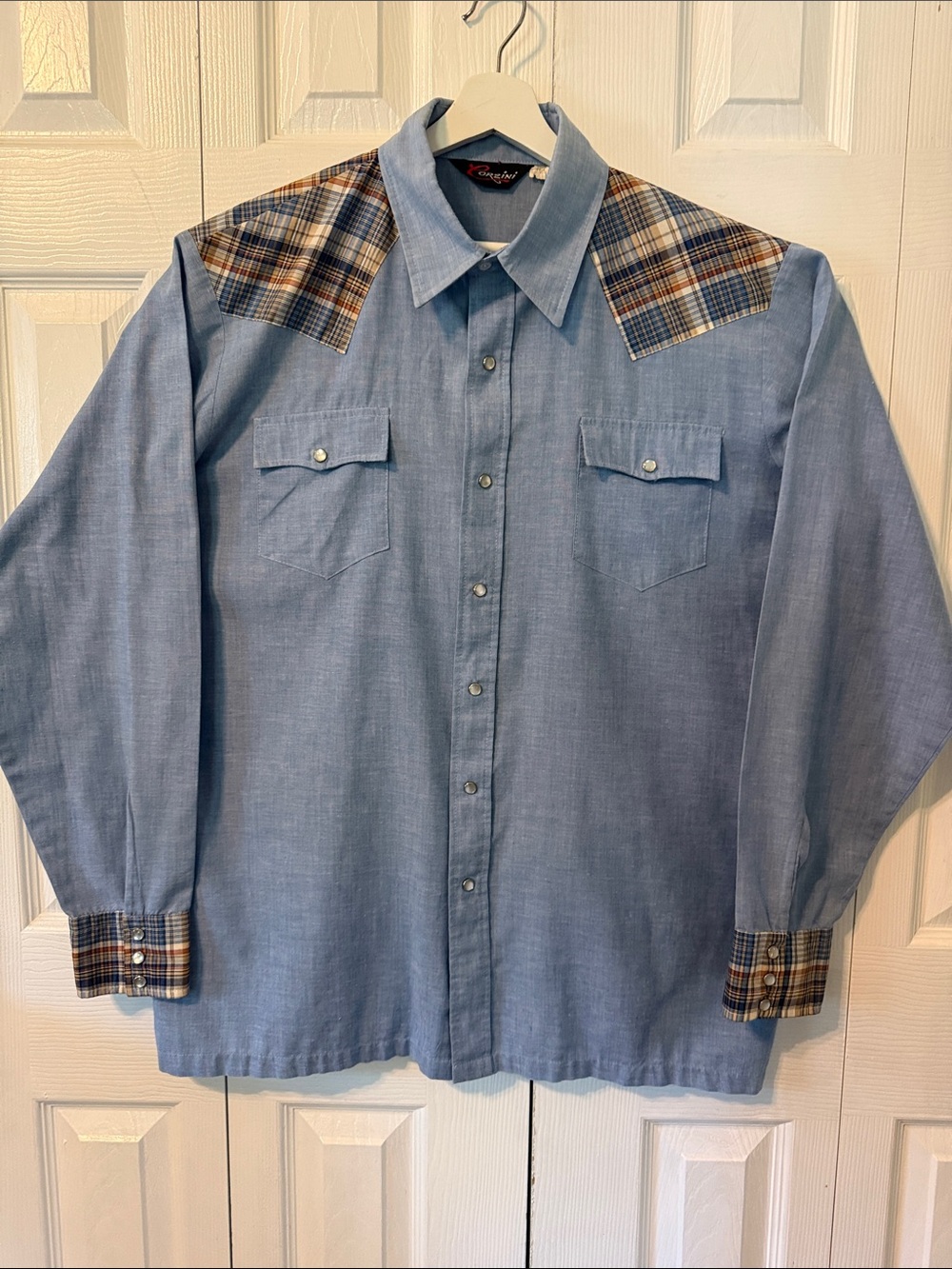 Vintage 70s Corzini Blue Smnap Front  Western Plaid Shoulder Shirt Sz 2XL tall
